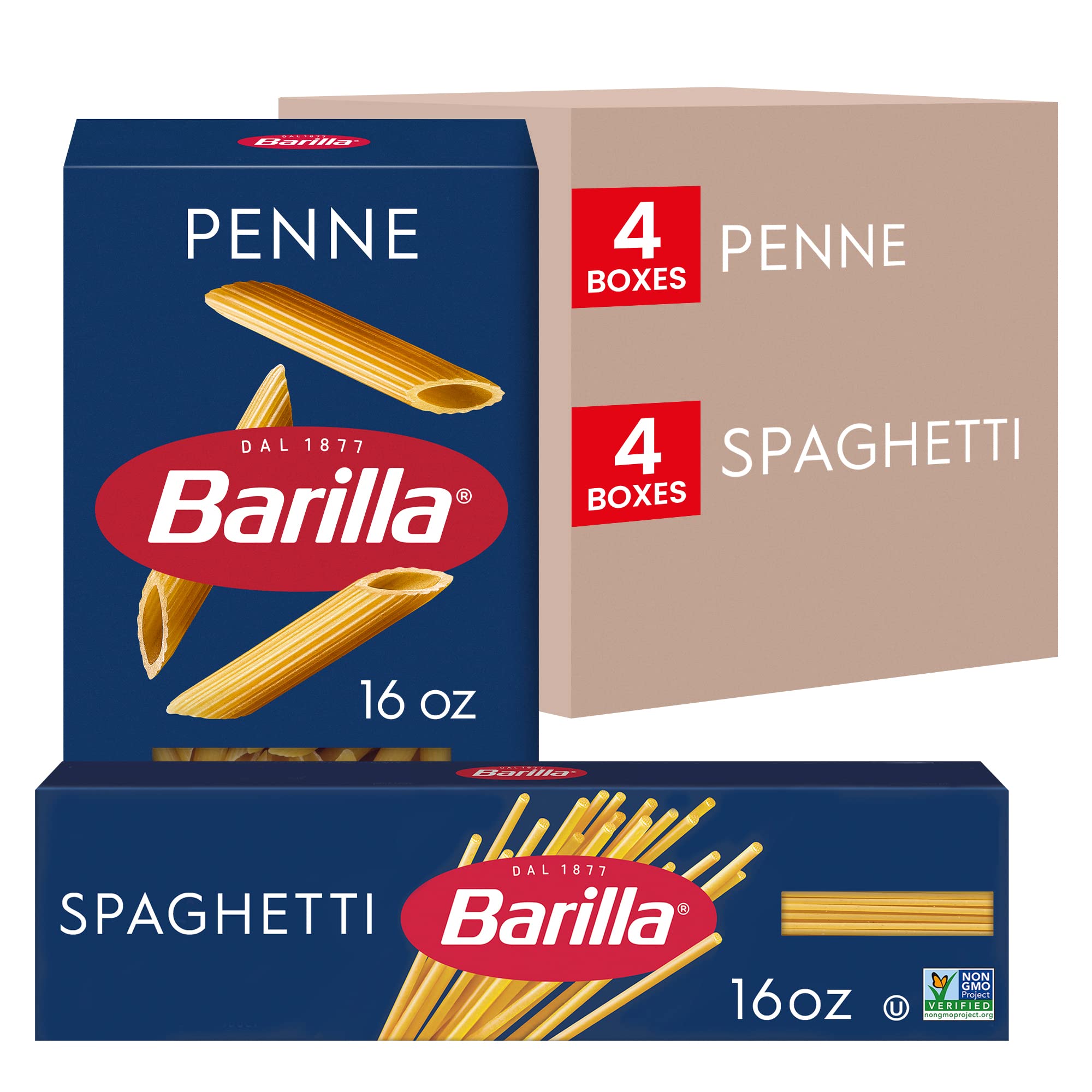 Barilla Penne & Spaghetti variety pack boxes on shelf for quick weeknight dinners