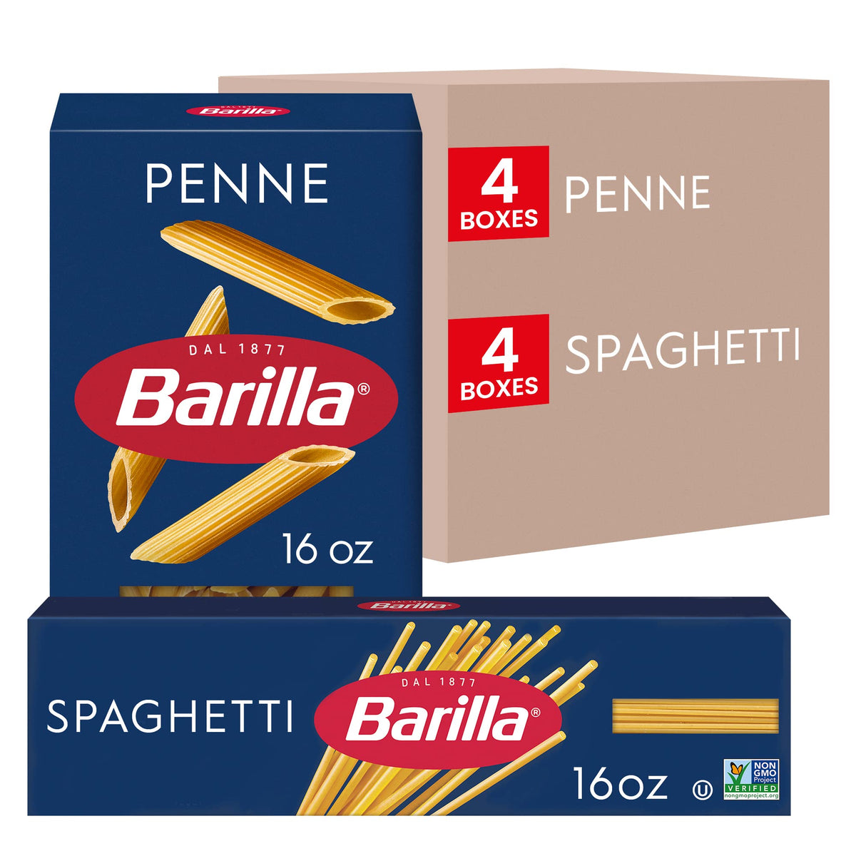 Barilla Penne & Spaghetti variety pack boxes on shelf for quick weeknight dinners