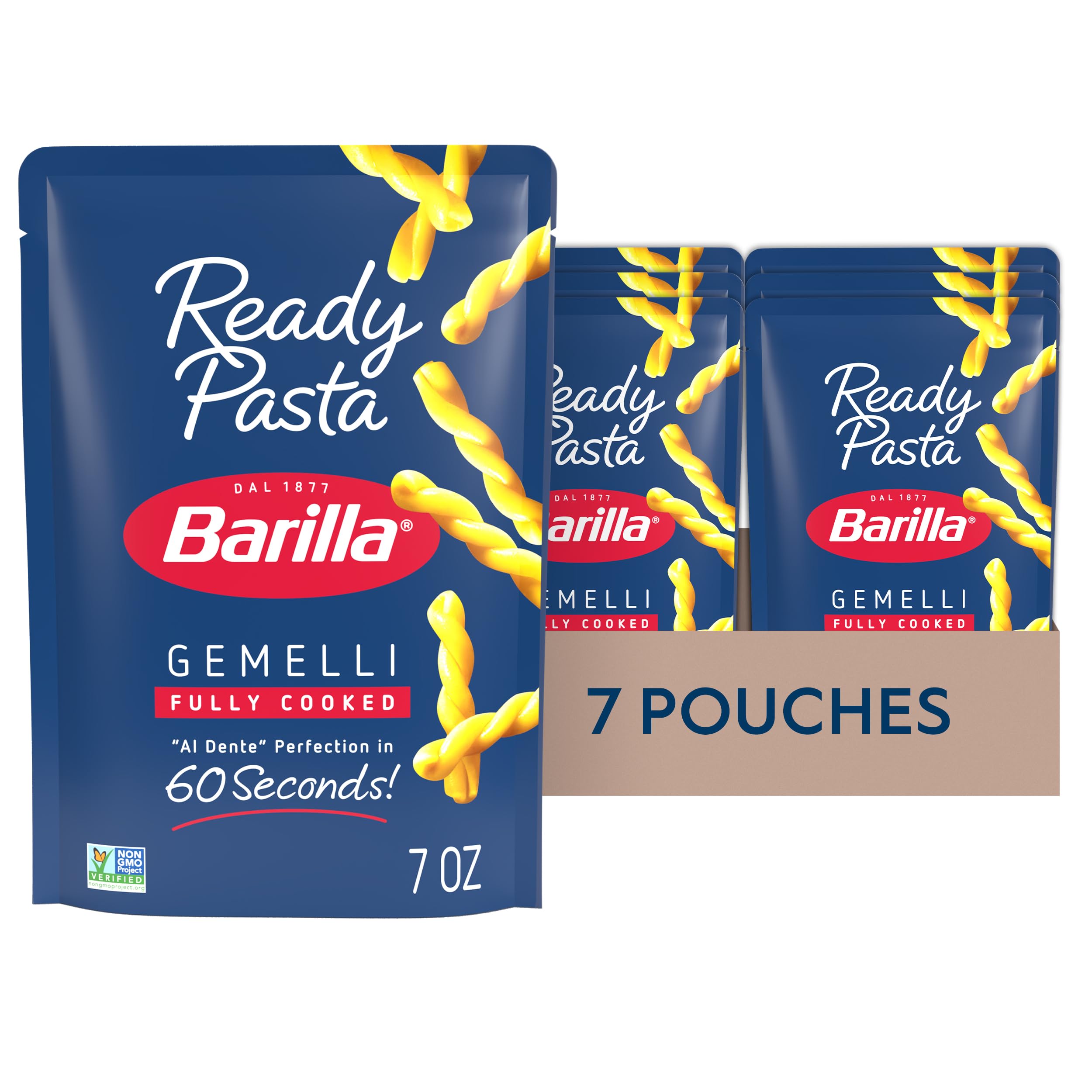 Barilla Ready Pasta Gemelli pack of seven pouches, ready in 60 seconds for quick meals.