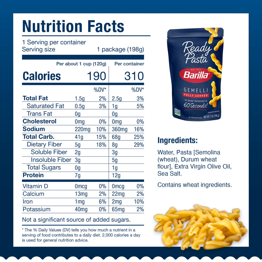 Barilla Ready Pasta Gemelli microwaving in 60 seconds, ideal for fast weeknight dinners.