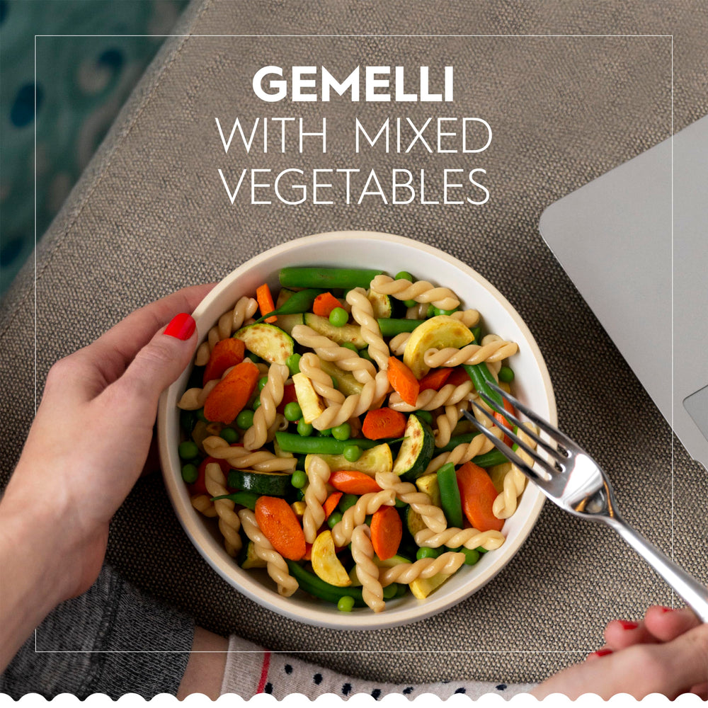 Barilla Ready Pasta Gemelli with olive oil and salt, ready-to-eat with no preservatives.
