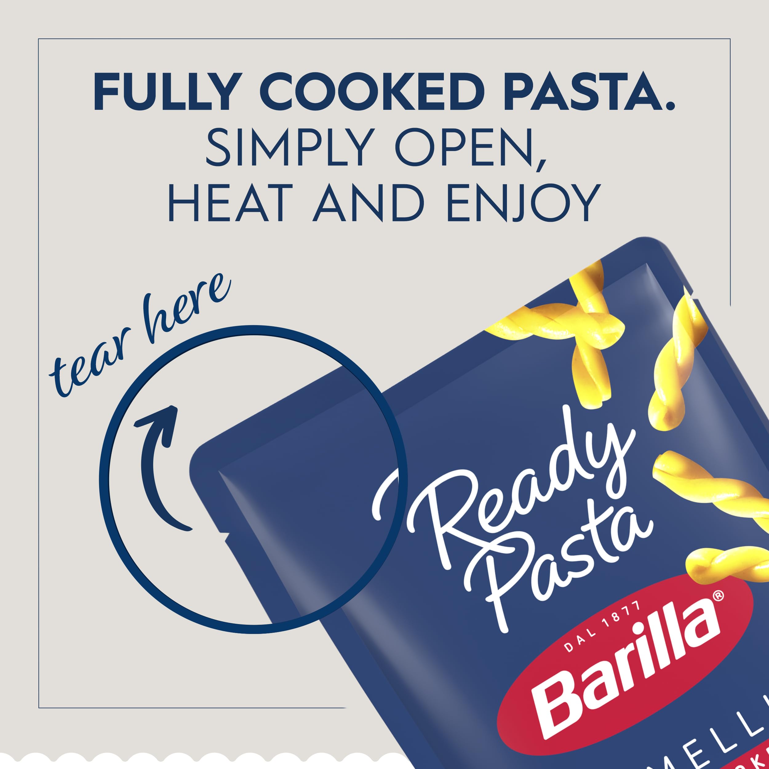 Barilla Ready Pasta Gemelli pouch open, heat and serve with toppings.