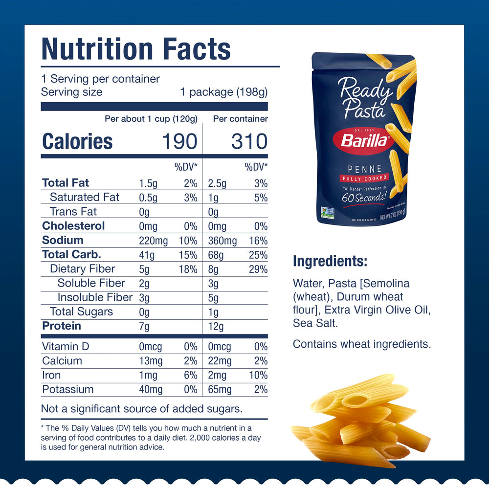 Barilla Ready Pasta penne in microwave, no boiling—quick weeknight option.