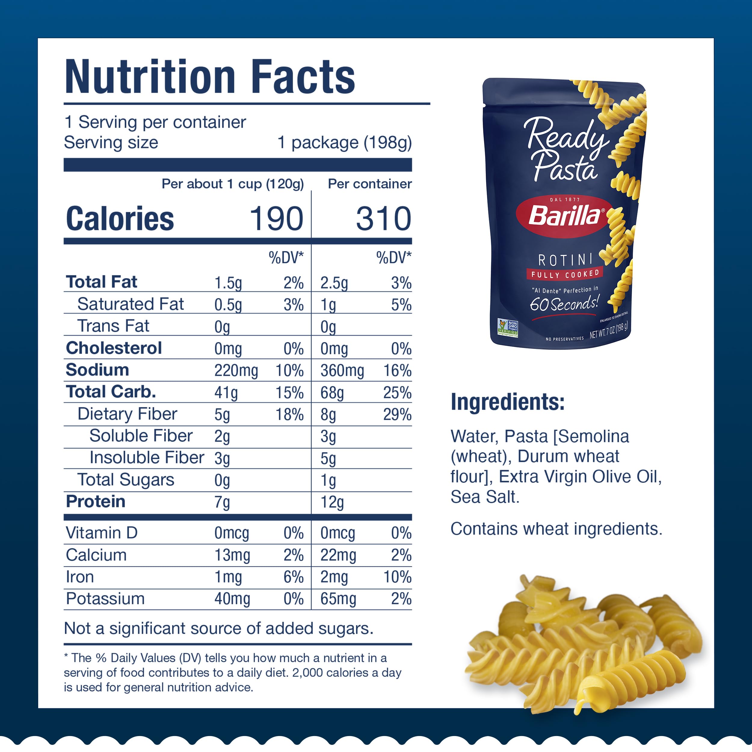 Barilla Ready Pasta Rotini close-up shows simple ingredients and authentic flavor.