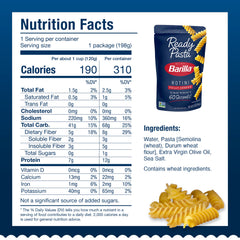 Barilla Ready Pasta Rotini close-up shows simple ingredients and authentic flavor.