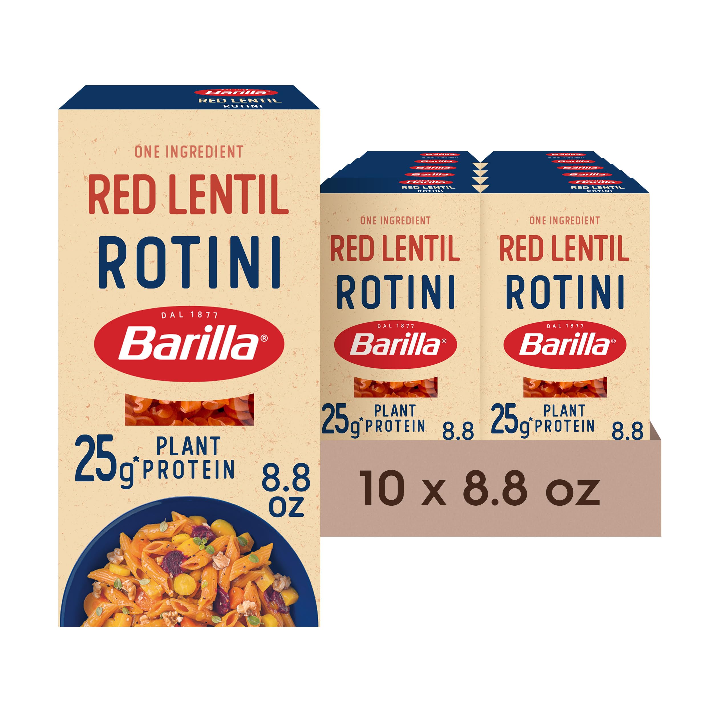 Barilla Red Lentil Rotini pasta box shows gluten-free and non-GMO labeling.