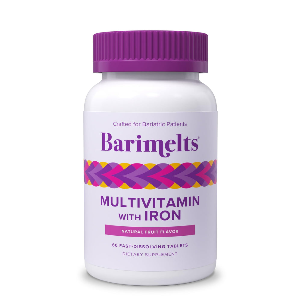 BariMelts bariatric multivitamin iron tablets in a bottle for post-surgery support