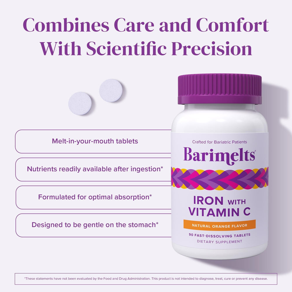 Barimelts iron three-tablet daily dose arranged with glass of water after meals.