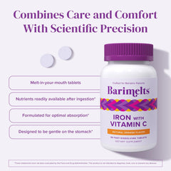 Barimelts iron three-tablet daily dose arranged with glass of water after meals.