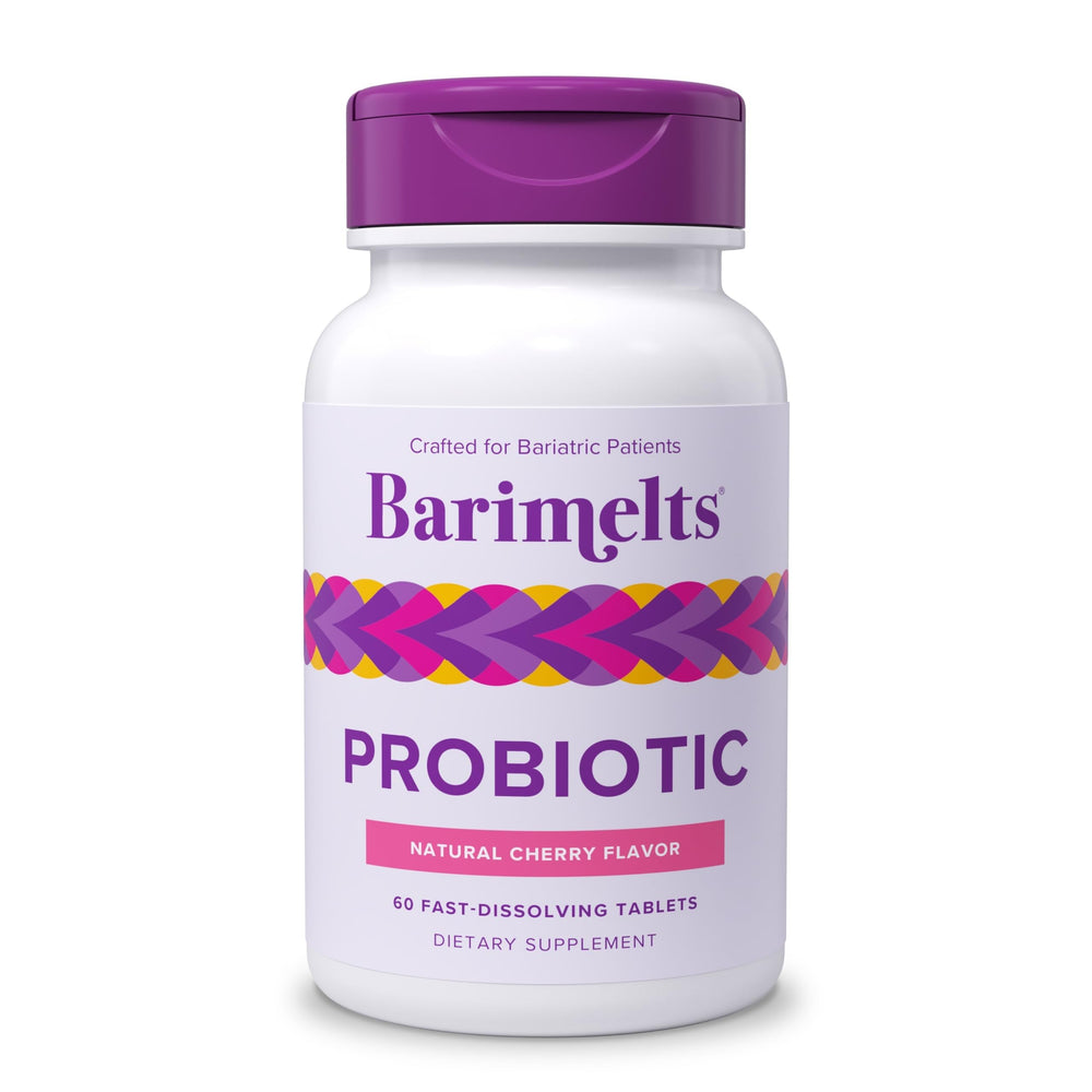 Barimelts Probiotic bottle with 60 fast-dissolving tablets for post-surgery support.