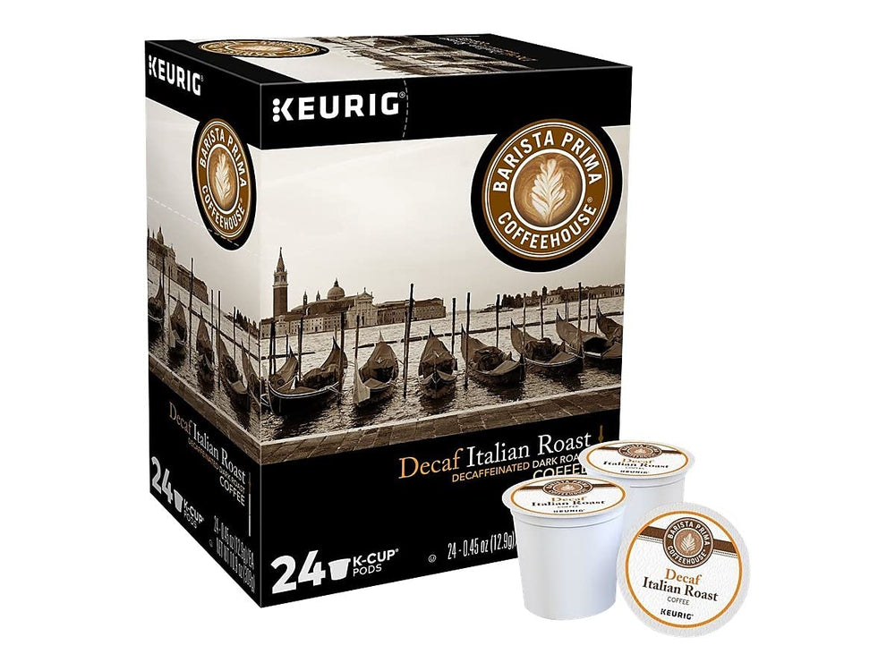 Barista Prima Italian Roast Decaf K-Cup box, convenient for quick, flavorful mornings.