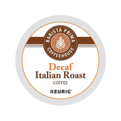 Barista Prima Italian Roast Decaf K-Cup brew, rich aroma without caffeine.