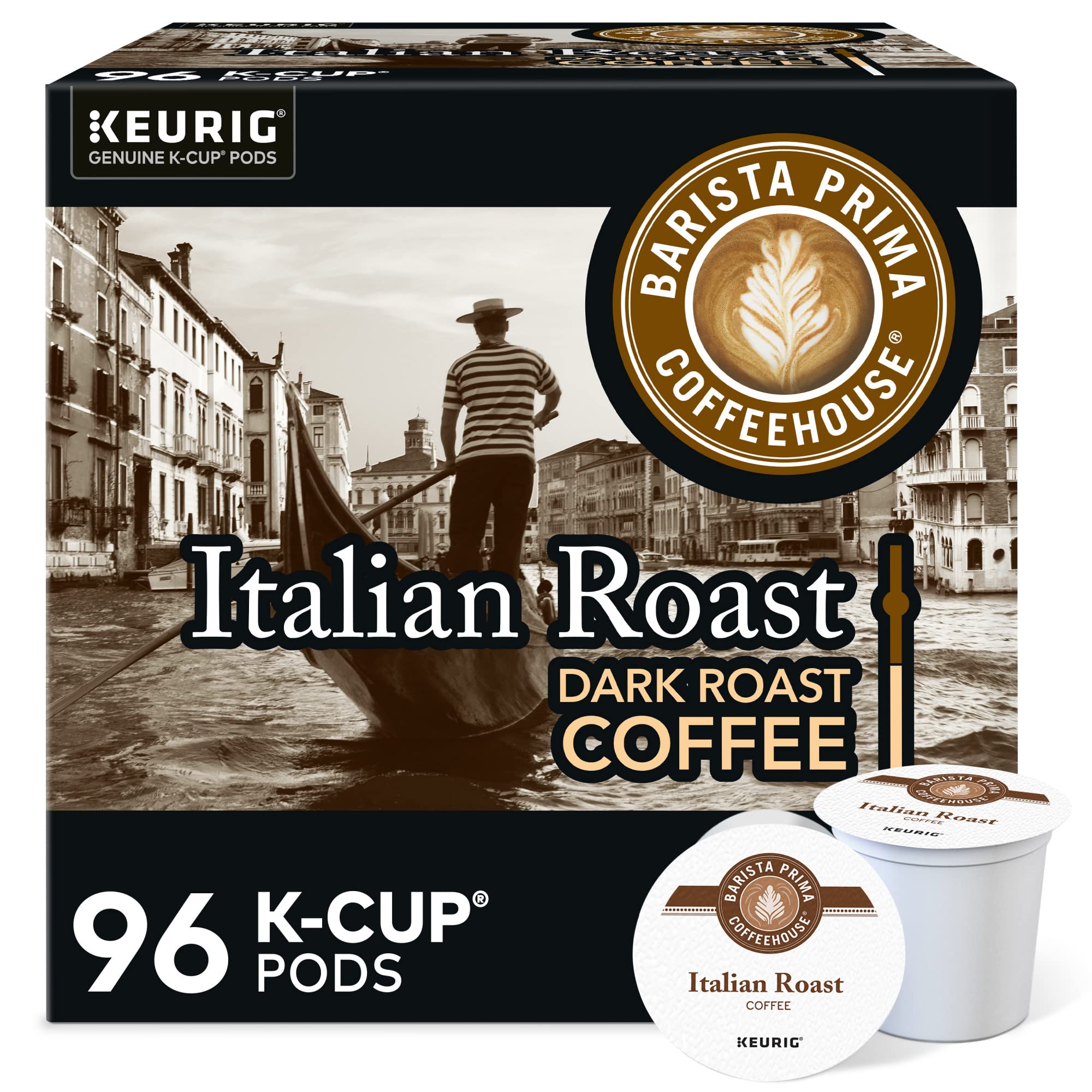 Barista Prima Italian Roast pods front view, showing convenient Keurig compatibility for quick mornings.