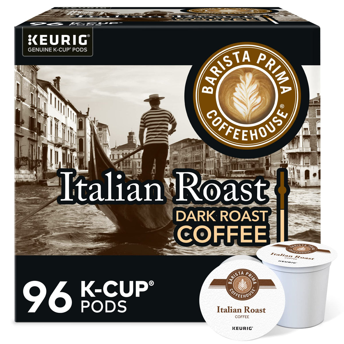 Barista Prima Italian Roast pods front view, showing convenient Keurig compatibility for quick mornings.