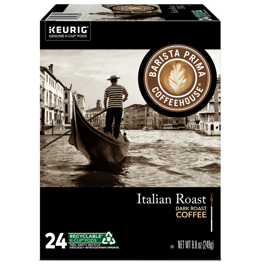 Barista Prima Italian Roast pods near Keurig machine, highlighting single-serve convenience.