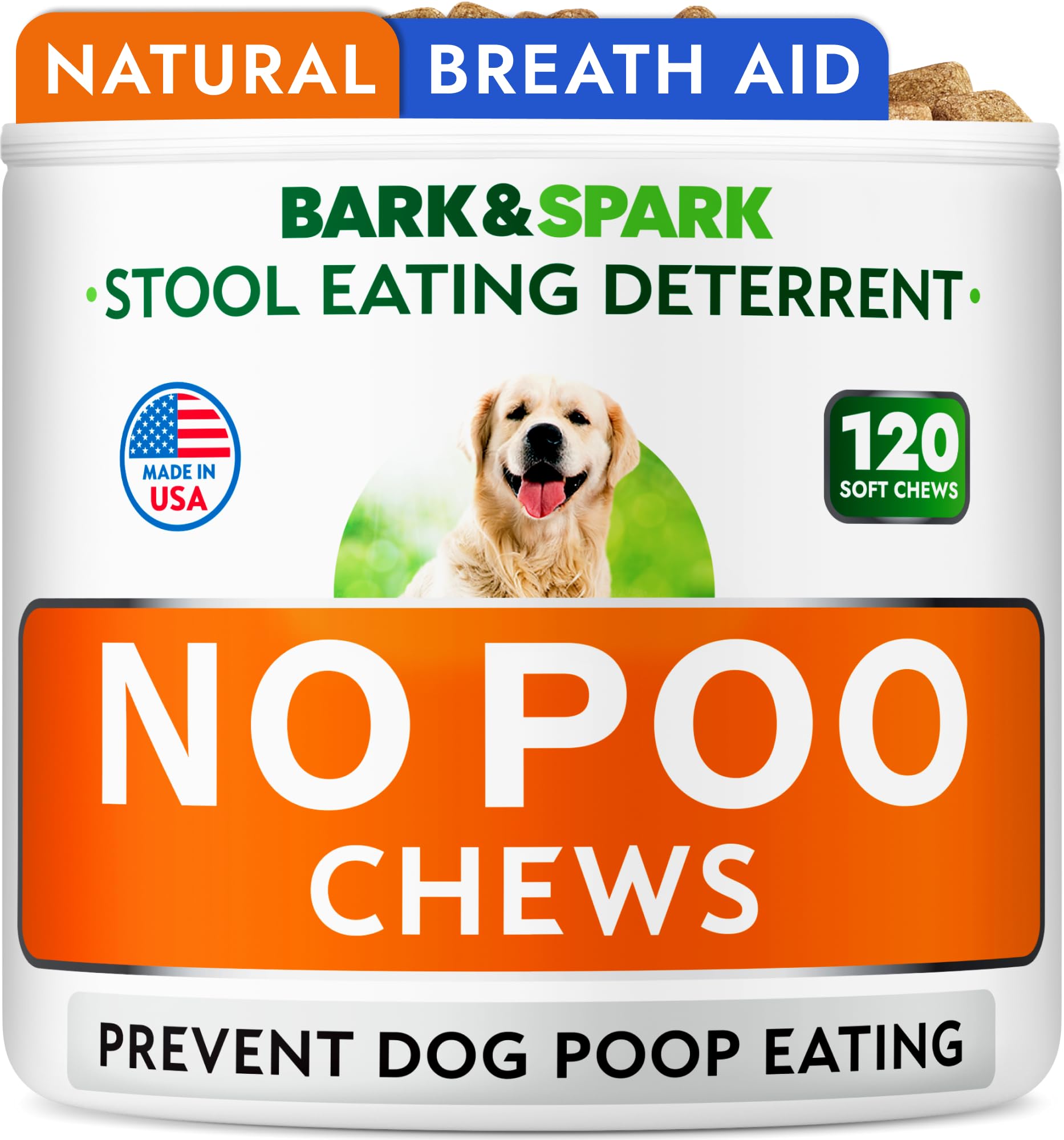 BARK&SPARK No Poo Chews bottle front; daily-use chew for dogs.