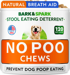BARK&SPARK No Poo Chews bottle front; daily-use chew for dogs.