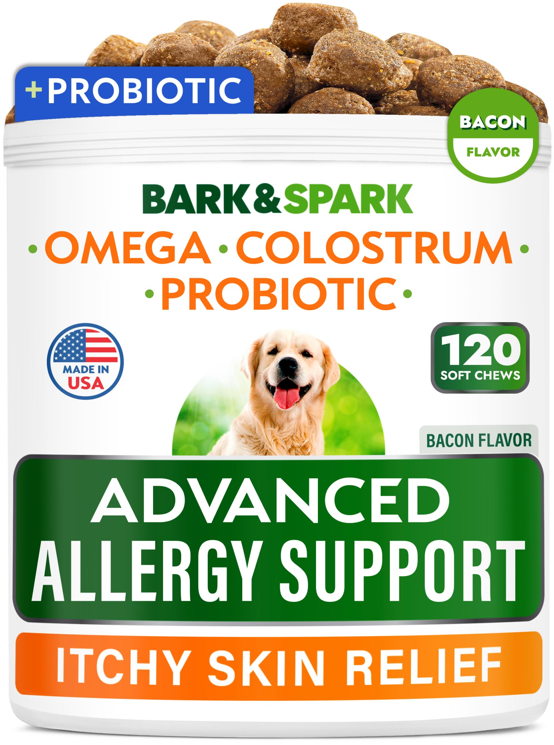 BARK&SPARK Advanced Allergy Relief bottle front with bacon flavor for daily support.