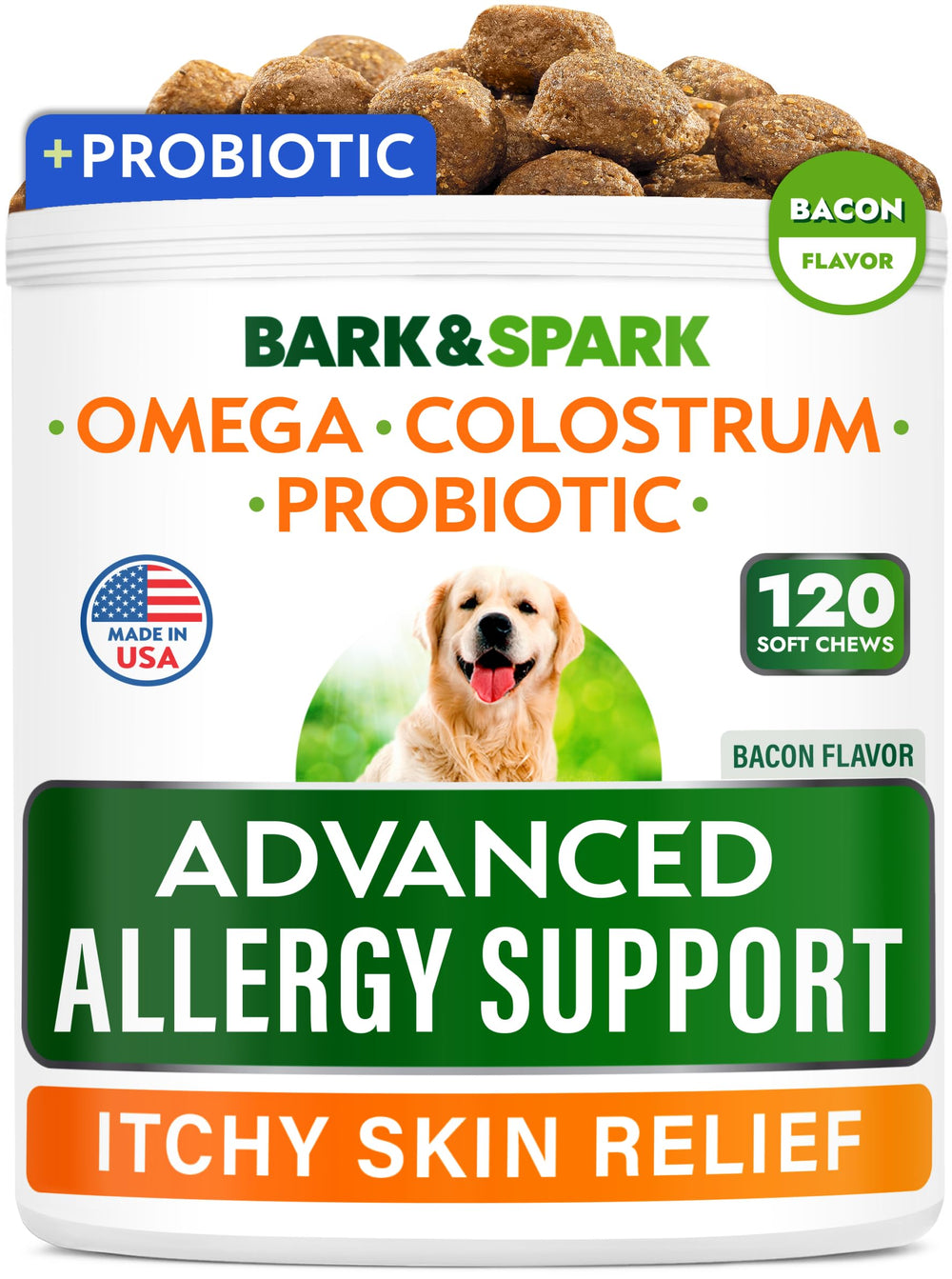 BARK&SPARK Advanced Allergy Relief bottle front with bacon flavor for daily support.