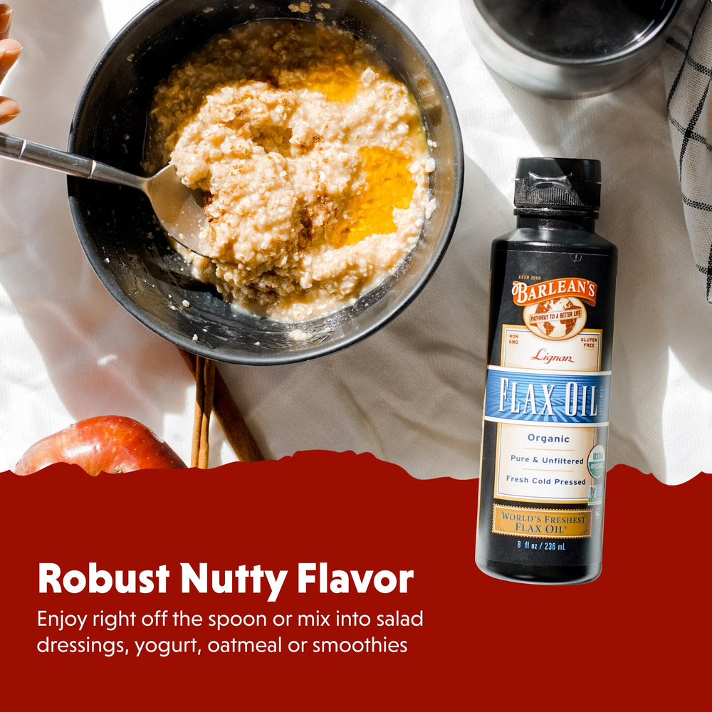 Barlean's Flax Oil liquid drop image emphasizes high ALA content for plant-based nutrition.