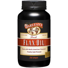 Barlean's flax oil softgels bottle close-up for convenient daily supplementation.