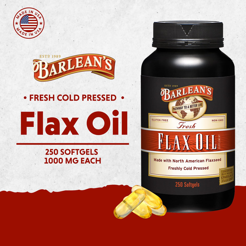 Barlean's flax oil softgels packaging front highlighting non-GMO flax.
