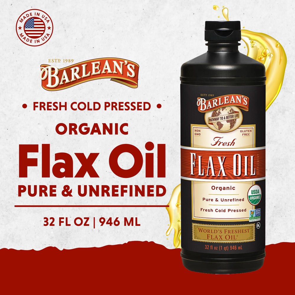 Close-up of Barlean's flaxseed oil label showing organic, cold-pressed quality.