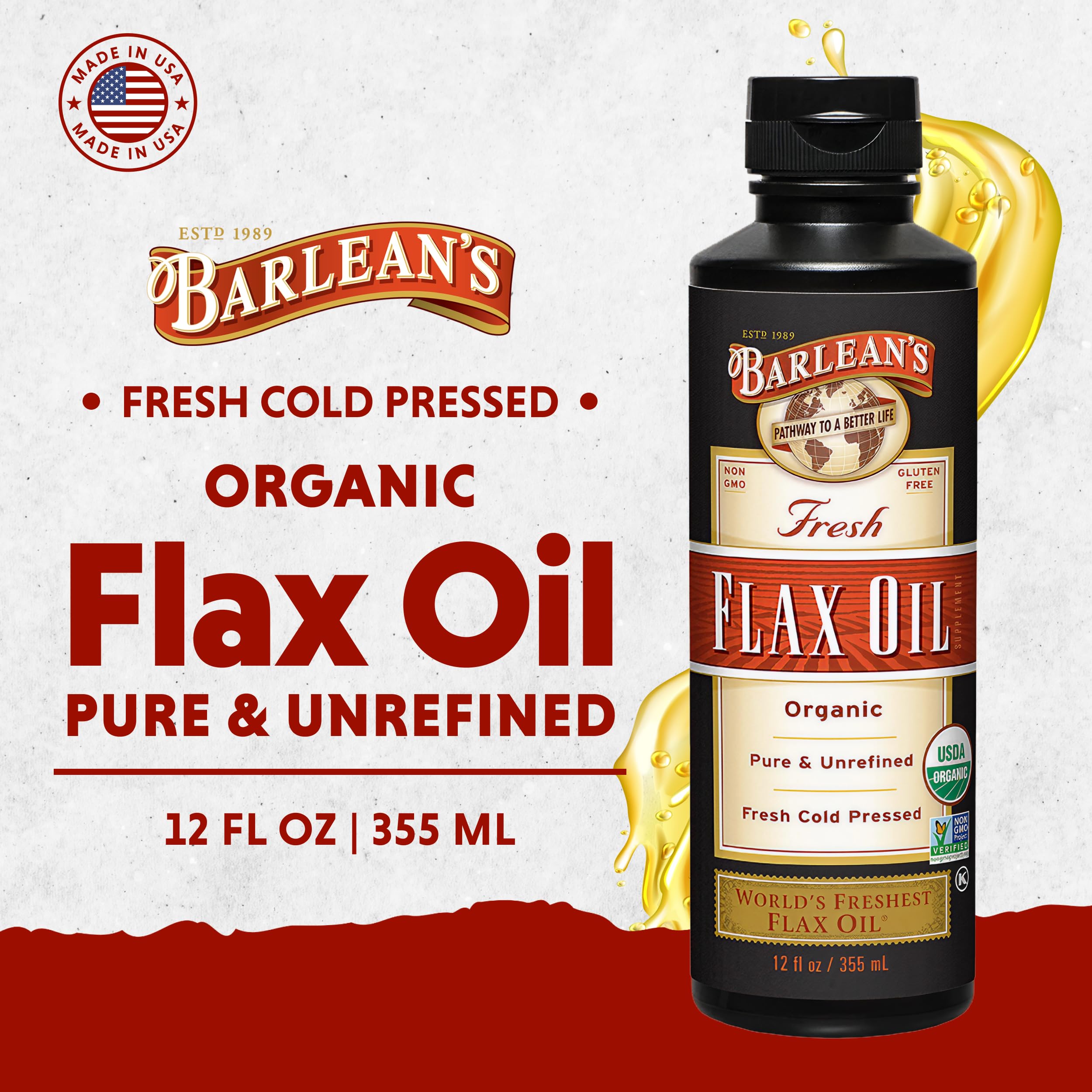 Close-up of Barlean's label emphasizing cold-pressed organic quality.