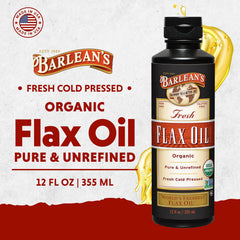 Close-up of Barlean's label emphasizing cold-pressed organic quality.