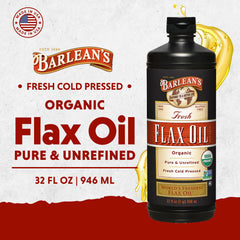 Close-up of Barlean's flaxseed oil label showing organic, cold-pressed quality.