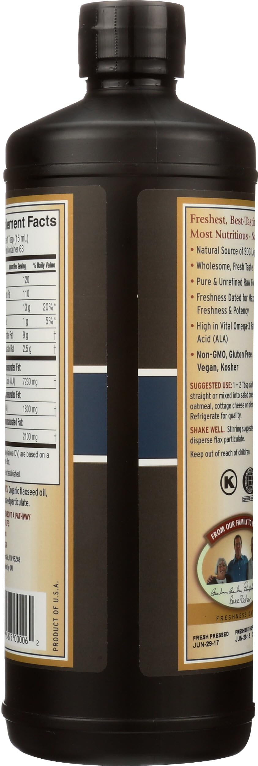 Barlean's flaxseed oil label shows organic and non-GMO ingredients.