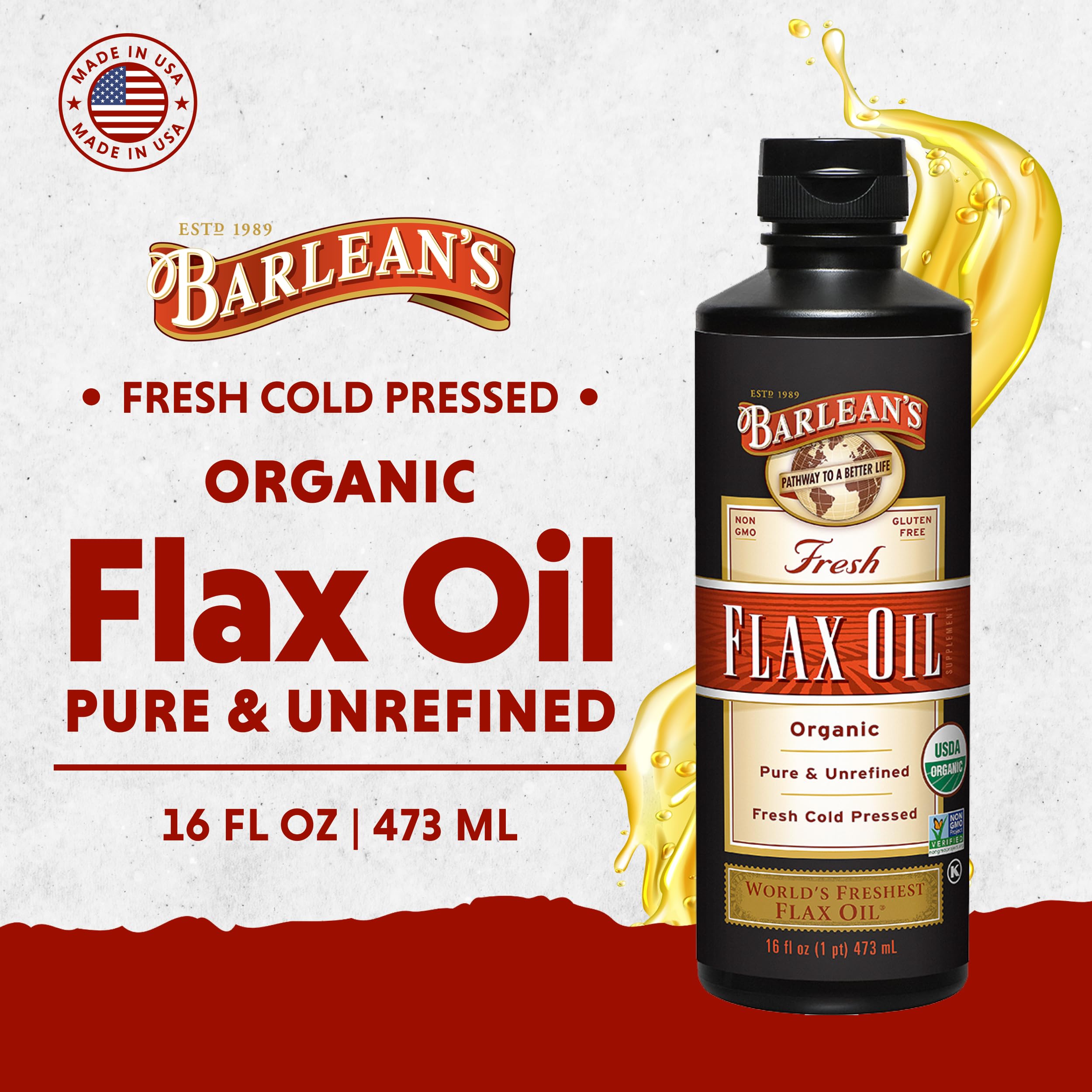 Barlean's flaxseed oil label showing organic, non-GMO credentials for clean nutrition.