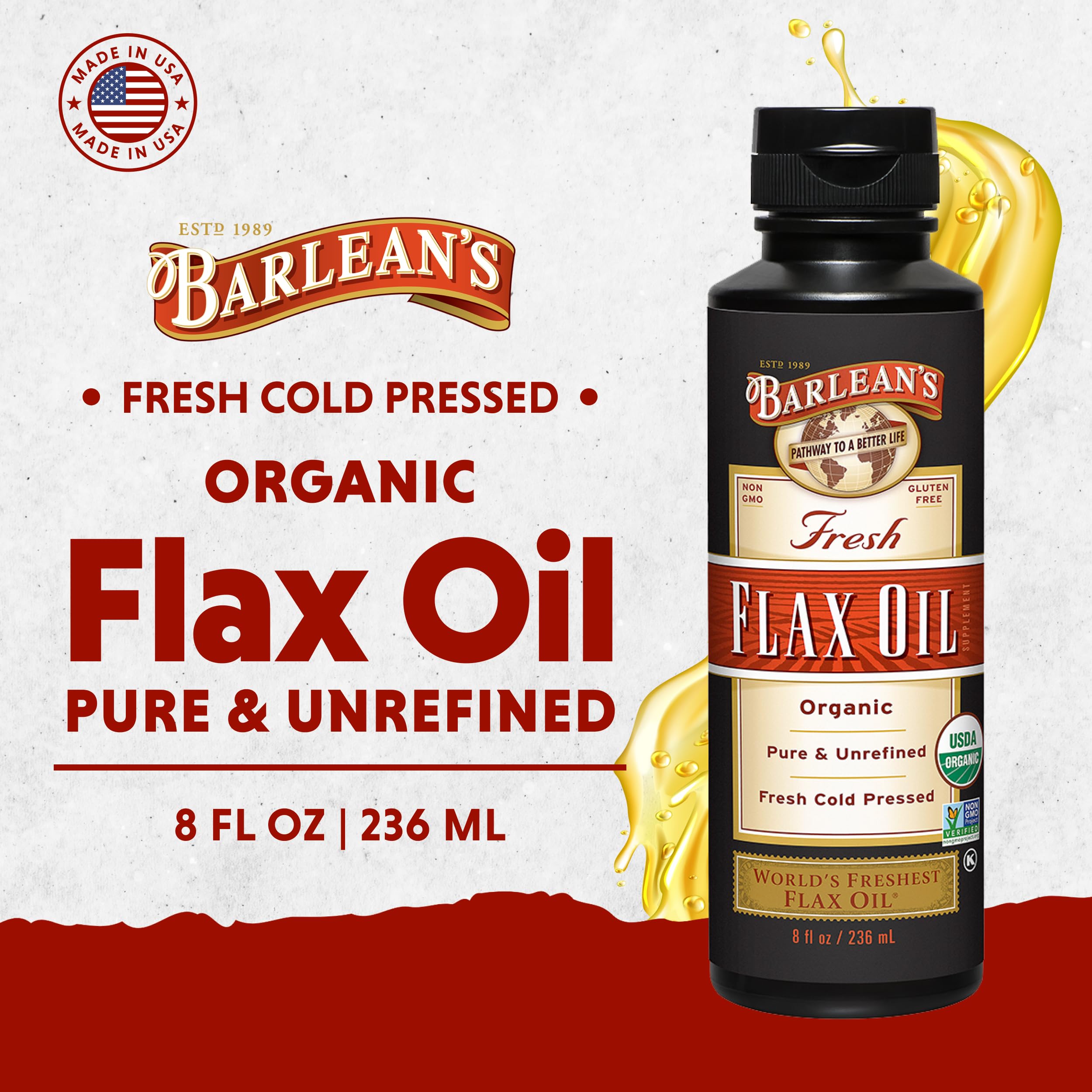 Close-up of Barlean's flaxseed oil label emphasizing organic, non-GMO quality.