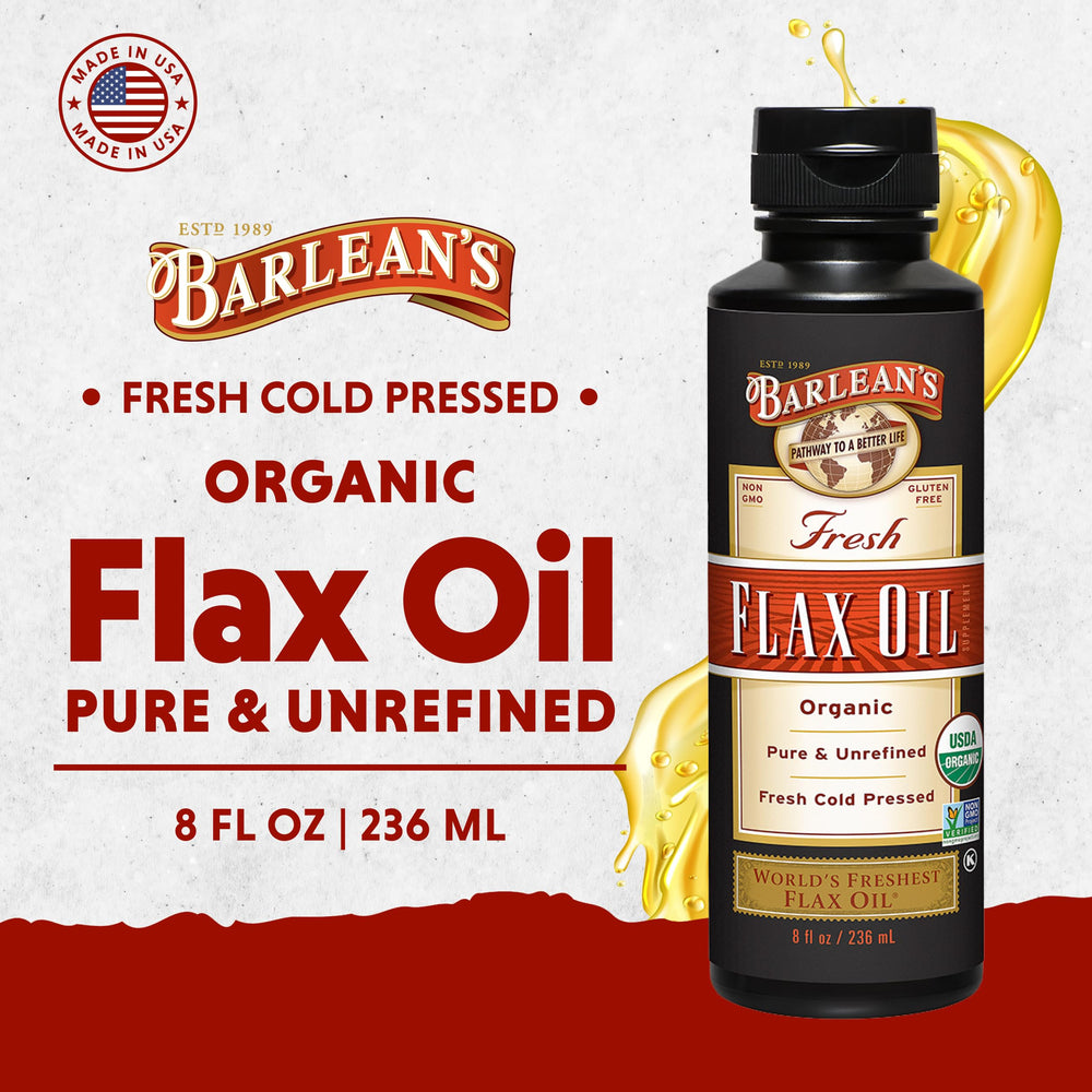 Close-up of Barlean's flaxseed oil label emphasizing organic, non-GMO quality.