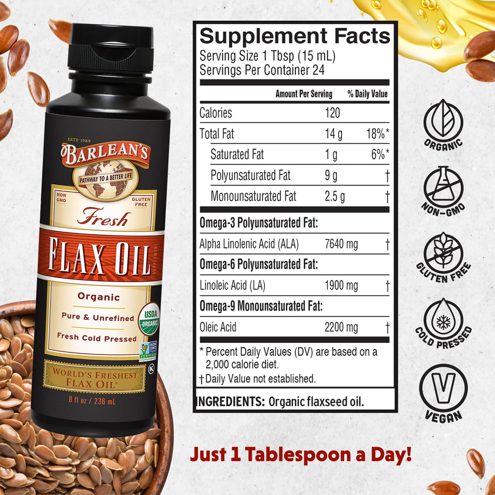 Barlean's flaxseed oil pour showing smooth golden liquid for dressings and smoothies.
