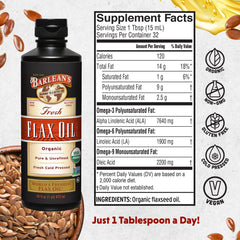 Barlean's organic flaxseed oil being poured, highlighting omega-3 richness.