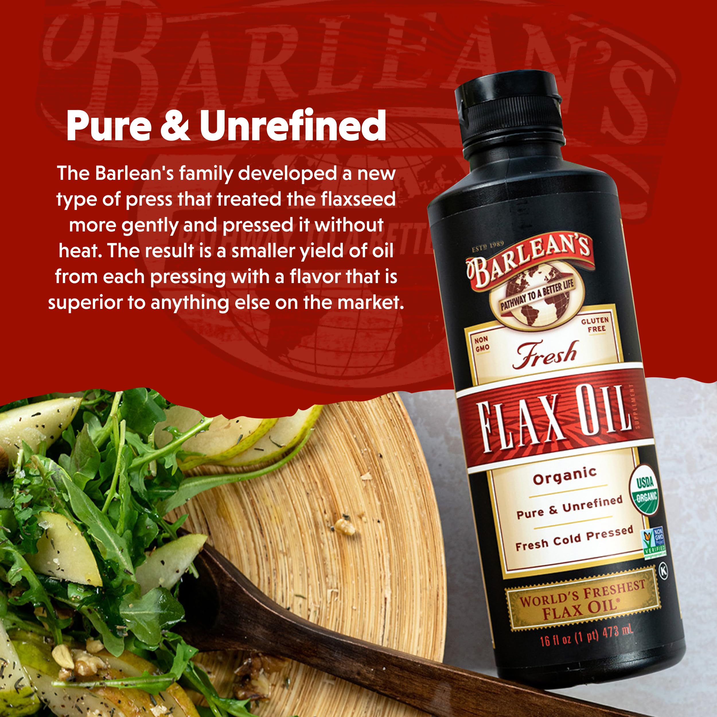 Barlean's flaxseed oil in smoothie, adds fatty acids with a mild flavor.
