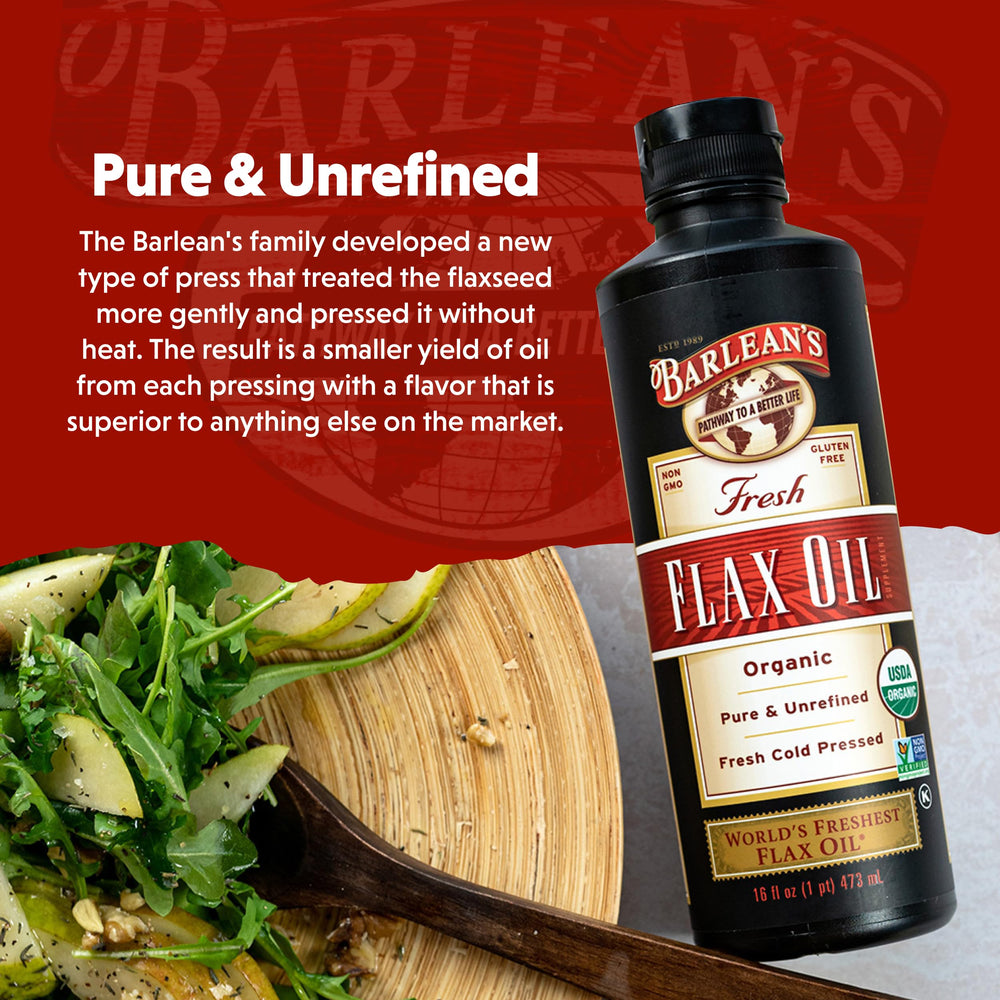 Barlean's flaxseed oil in smoothie, adds fatty acids with a mild flavor.
