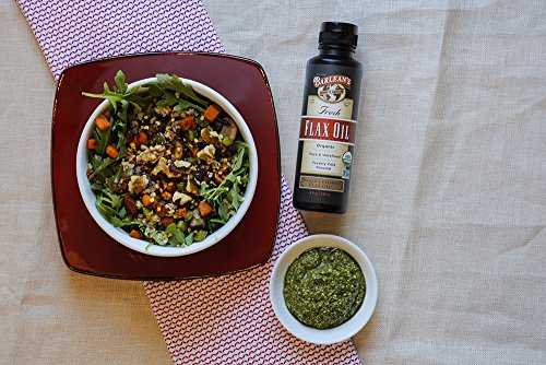 Barlean's flaxseed oil closeup with vegan and gluten-free icons.