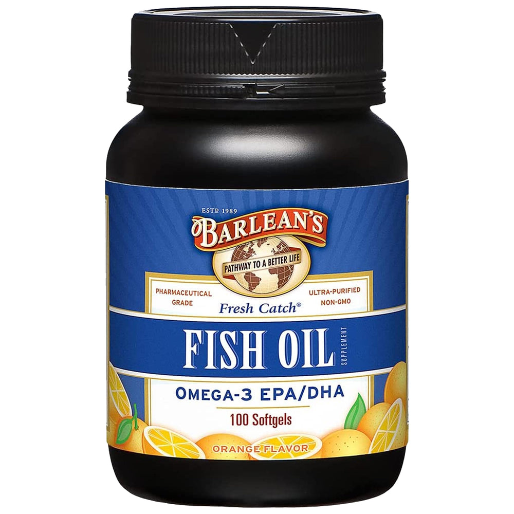 Barlean's Fresh Catch omega-3 softgels bottle for convenient daily use and potential heart support.