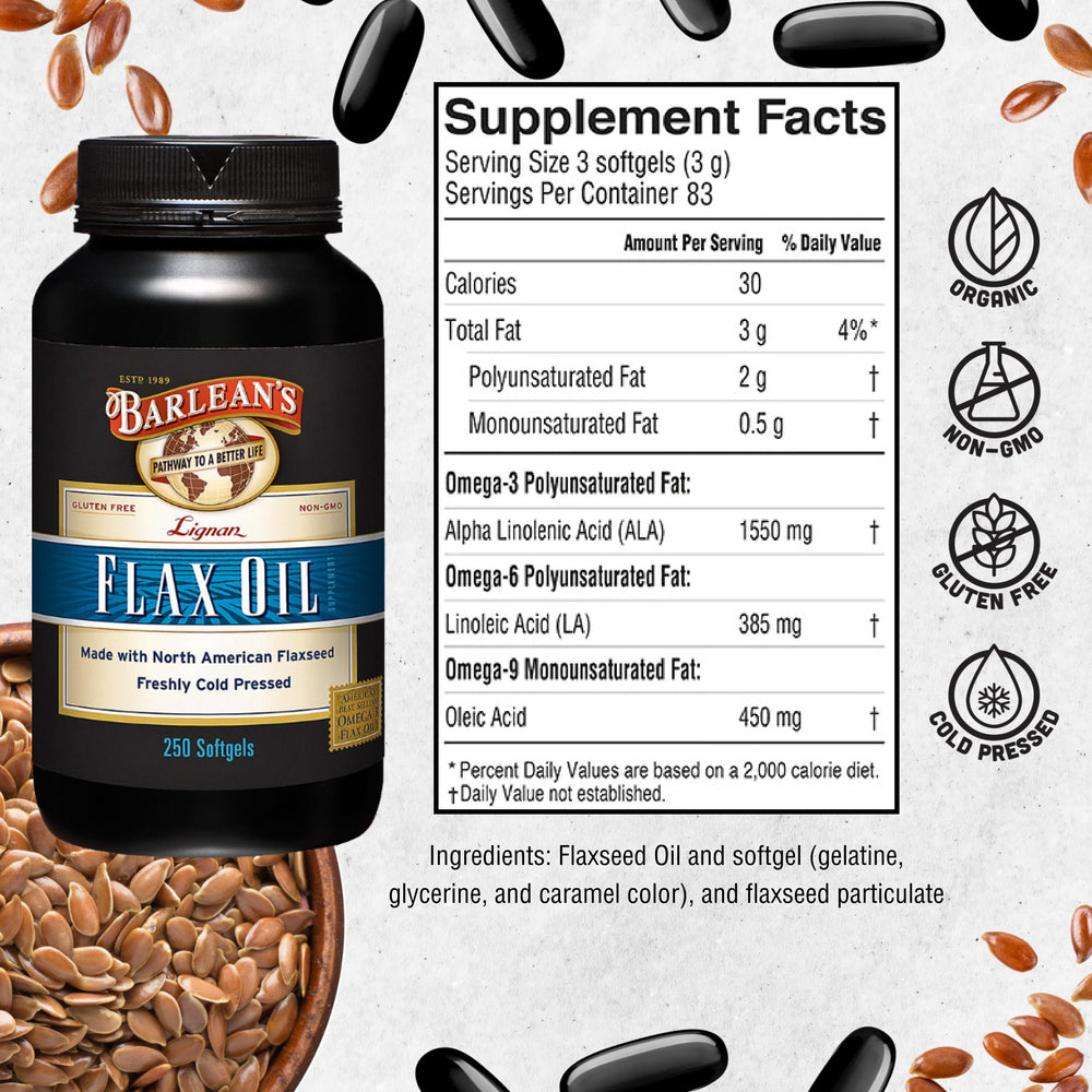 Barlean's Lignan Flaxseed Oil softgels bottle side view supports daily omega-3 intake