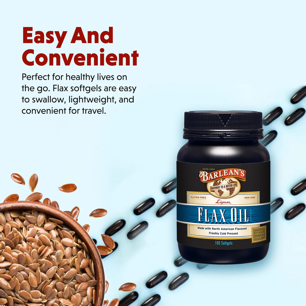 Barlean's bottle with label highlights cold-pressed flaxseed oil