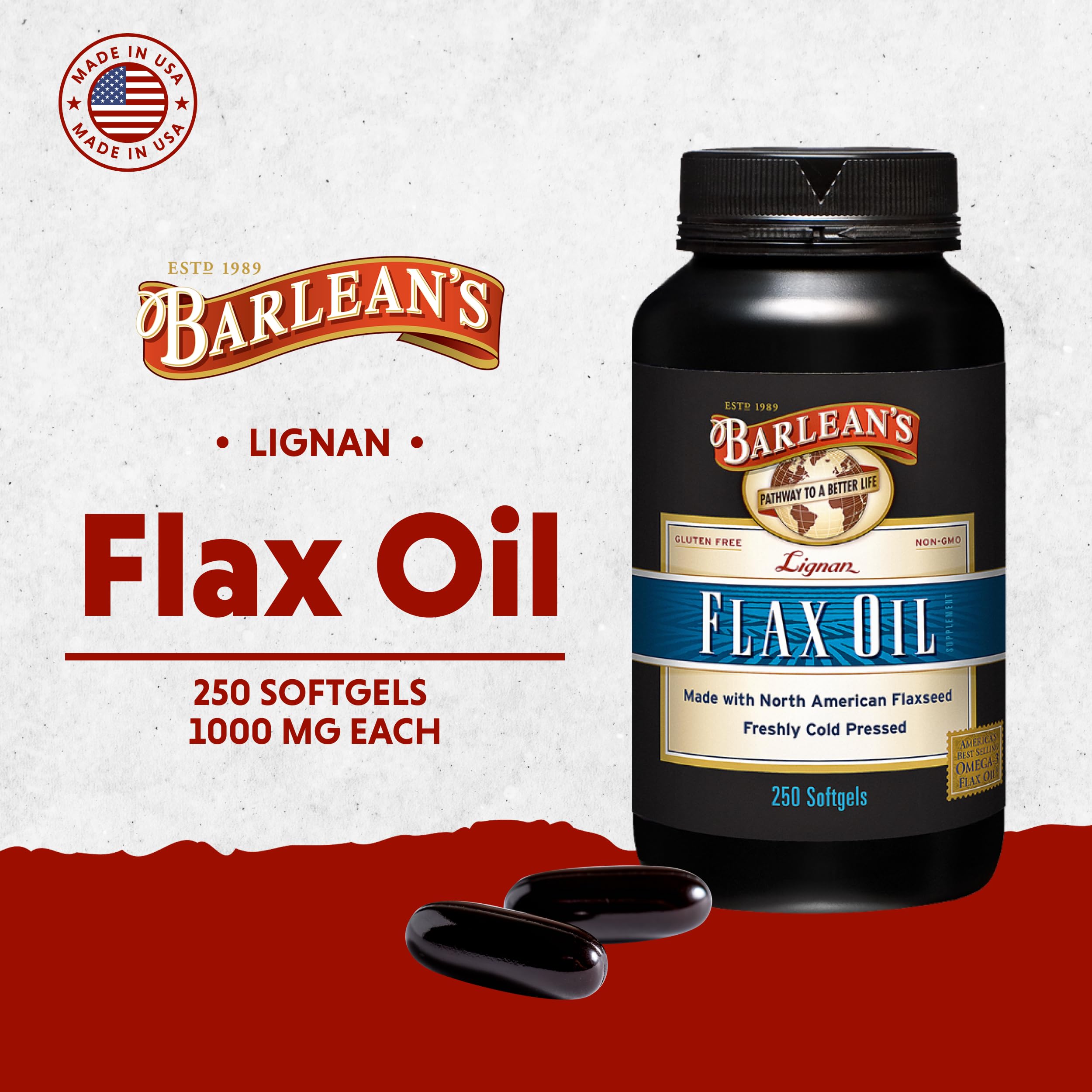 Barlean's Lignan Flaxseed Oil softgels closeup showing easy-to-swallow capsules