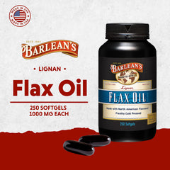 Barlean's Lignan Flaxseed Oil softgels closeup showing easy-to-swallow capsules