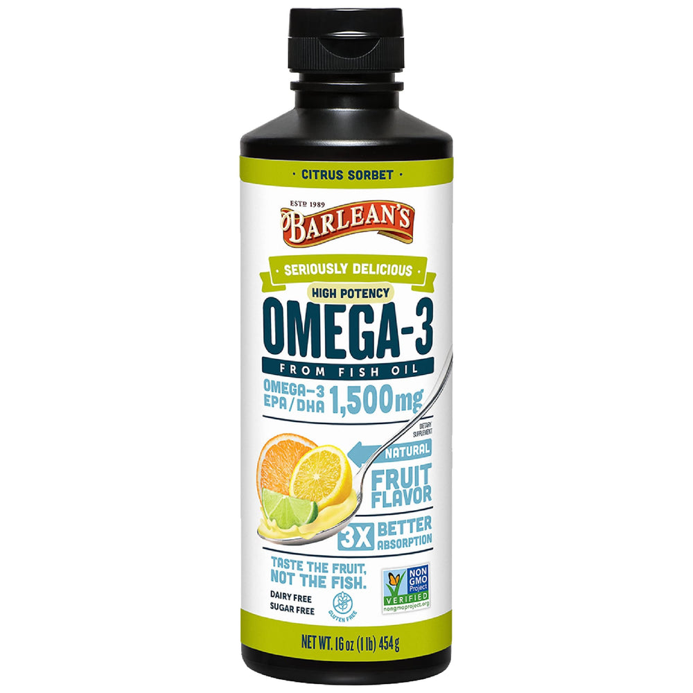 Barlean's Omega-3 bottle with citrus sorbet flavor highlighted for daily use