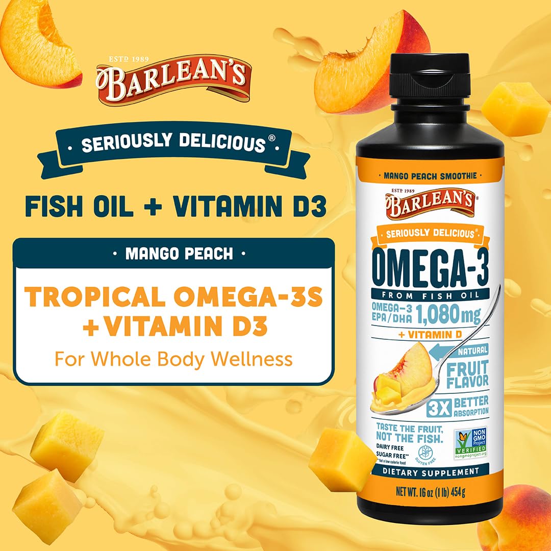 Barlean's Omega-3 fish oil bottle with pour spout promotes convenient daily intake.