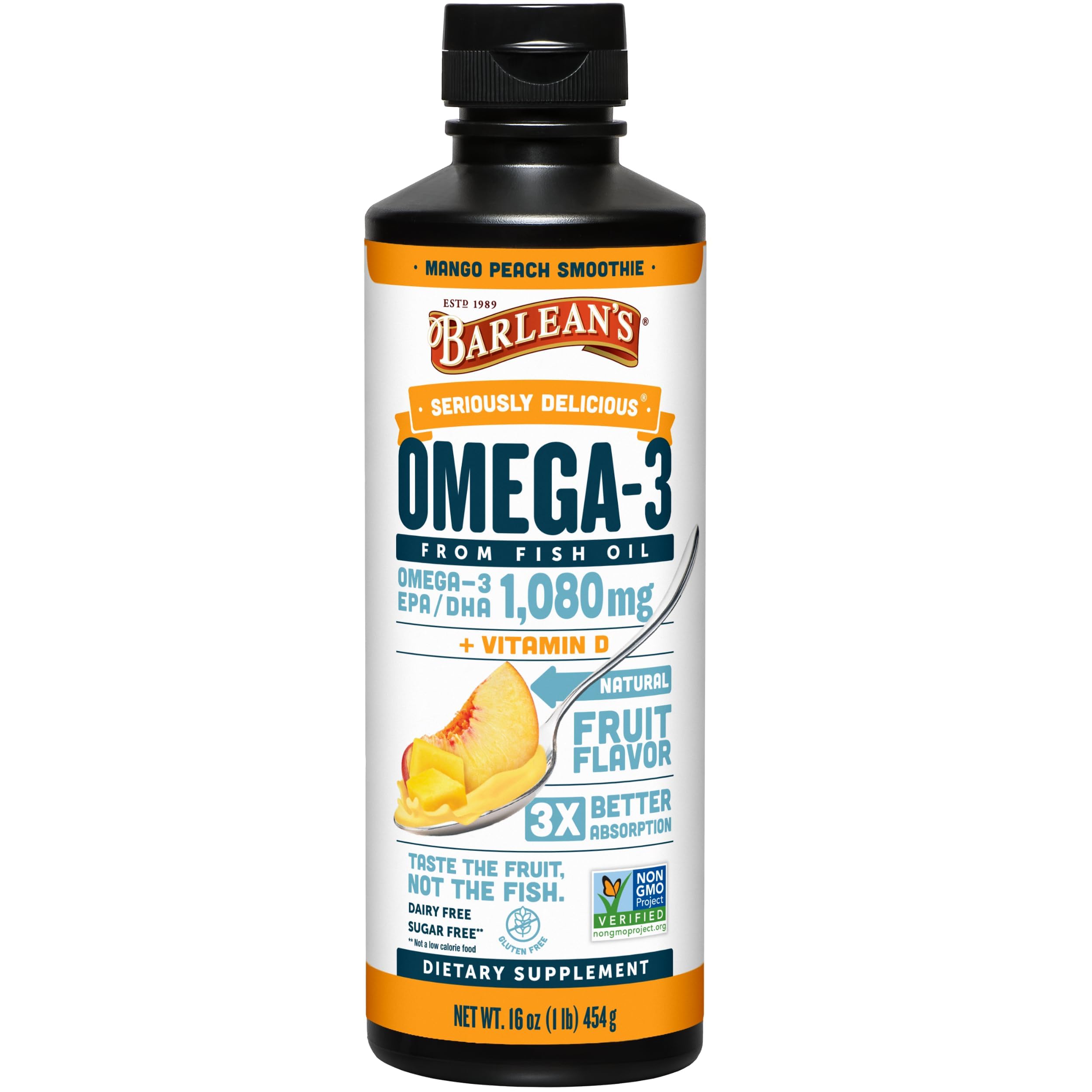 Barlean's Omega-3 Mango Peach bottle on kitchen shelf suggests easy daily omega-3 support.