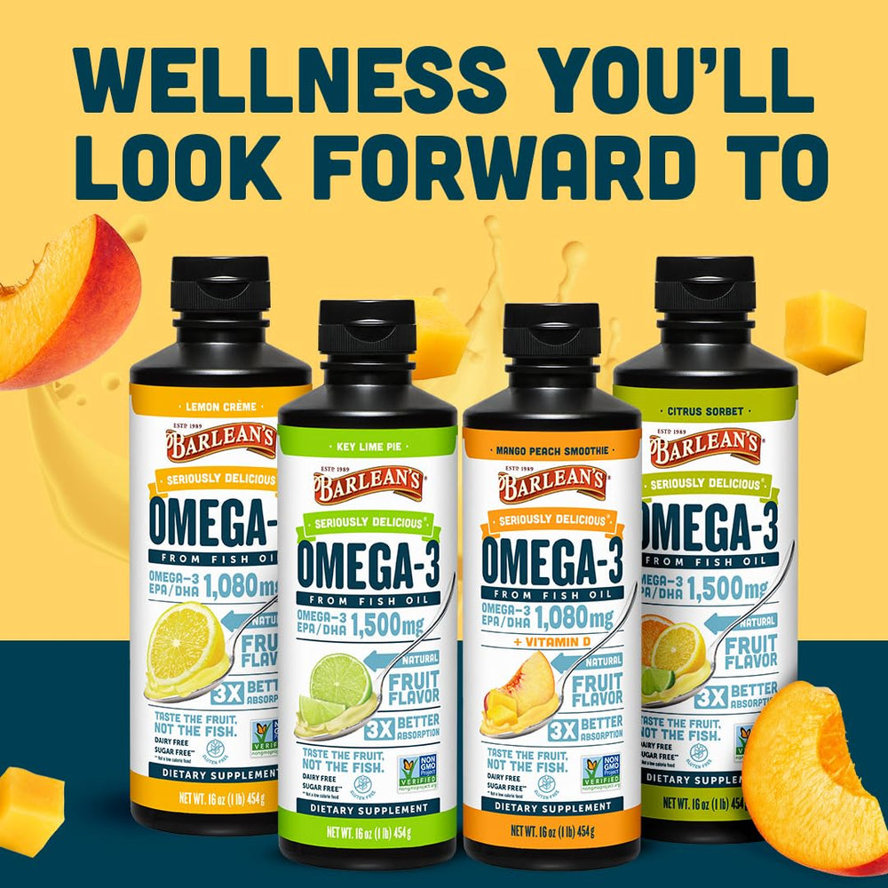 Barlean's Omega-3 bottle shown being added to a smoothie for convenience.