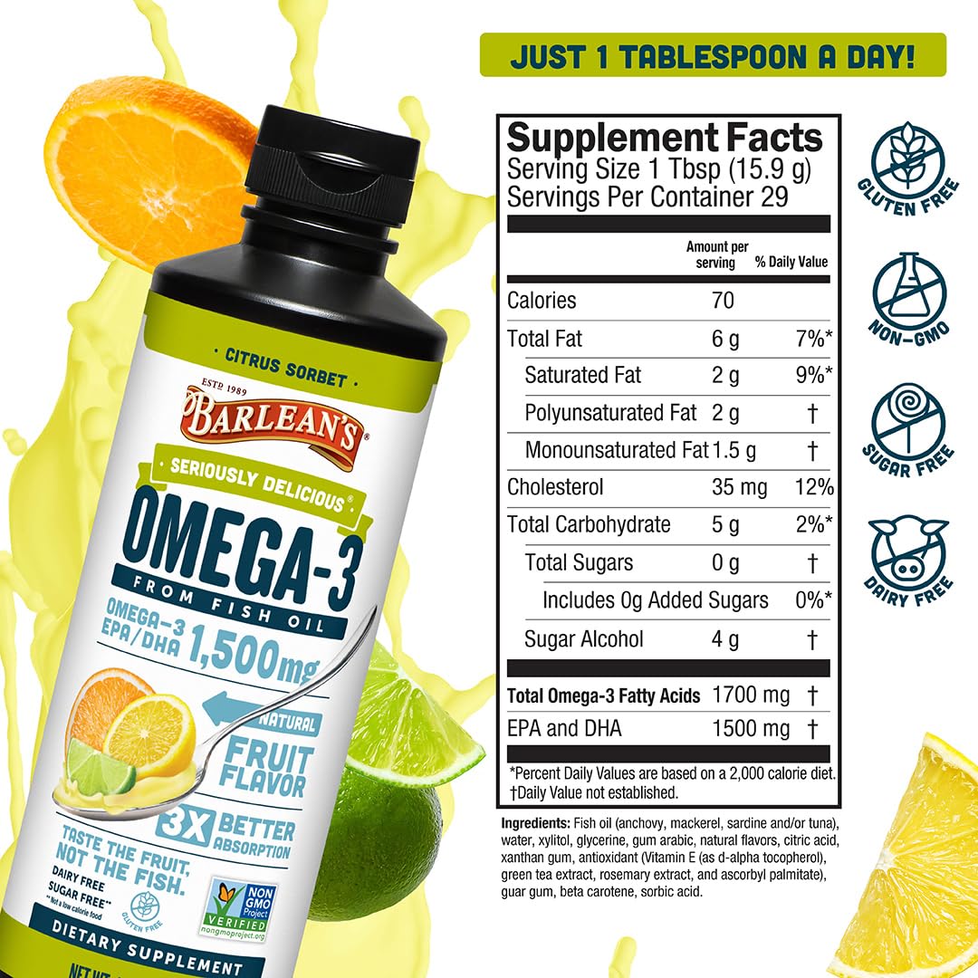 Close-up of Barlean's Omega-3 citrus sorbet flavor in bright light