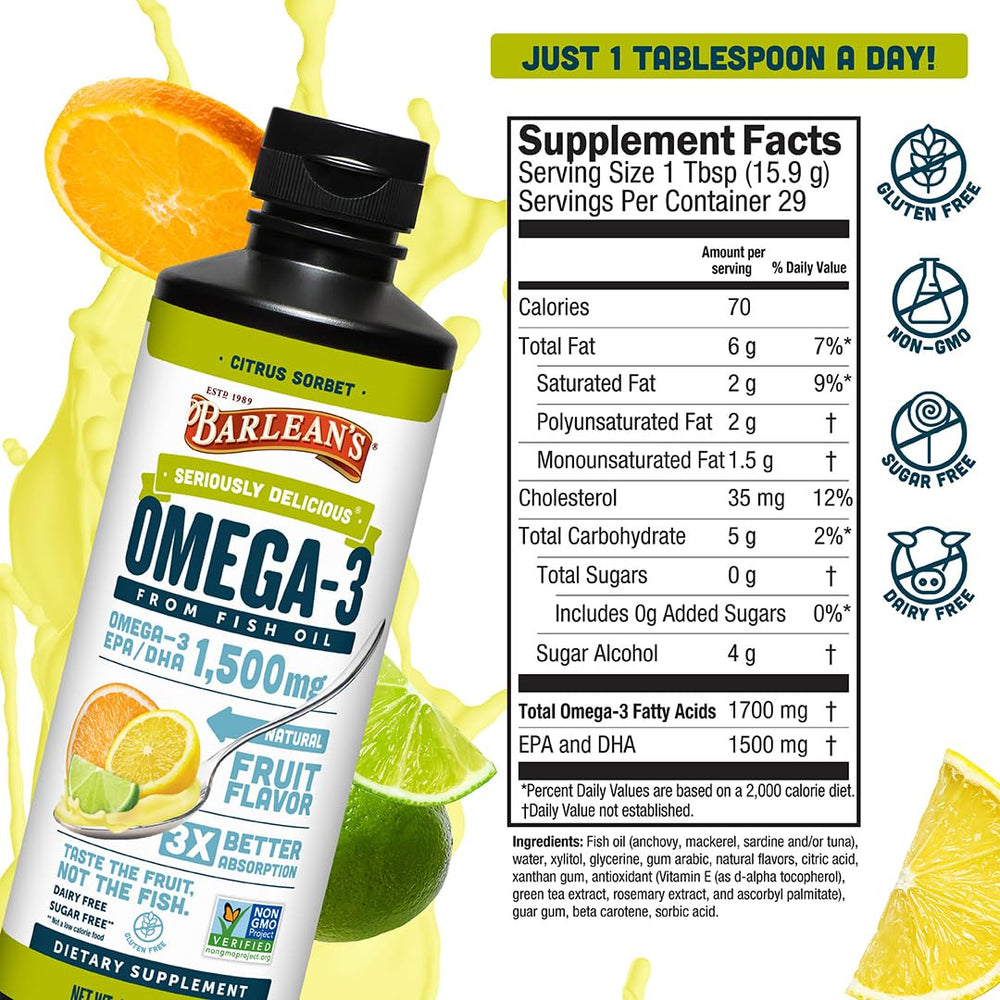 Close-up of Barlean's Omega-3 citrus sorbet flavor in bright light